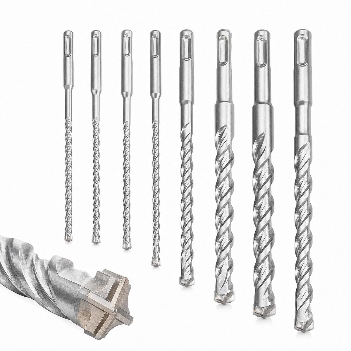 SDS Plus boorset voor beton, 8-delig, Ø 6-16 en 210 mm lang, 4 snijkanten, duurzame betonboren van 40CR-staal voor nauwkeurige resultaten, boorset beton, slagboor, SDS-boor voor steen