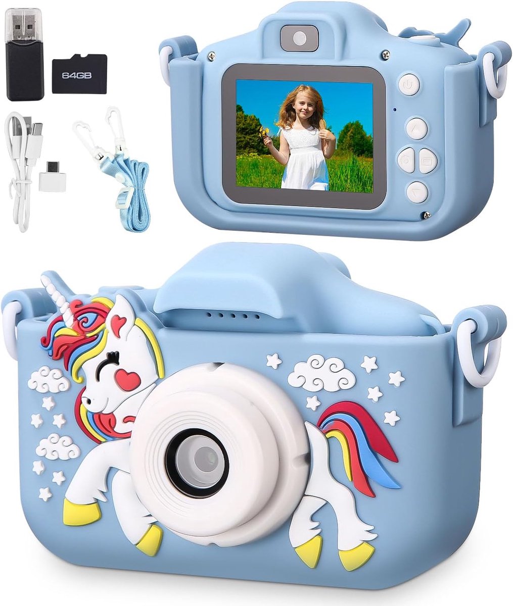 1080p beeldschermcamera met 64 GB kaart, digitale camera, fototoestel voor 3-12 jongens en meisjes, verjaardagscadeau, kerstspeelgoed