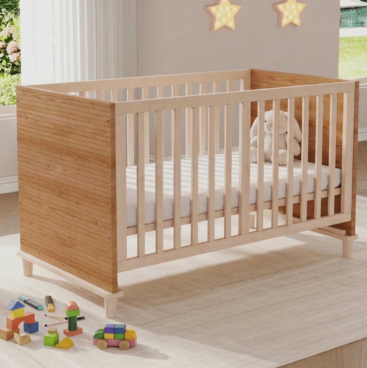 FloraGrace Babybed 70 x 140 cm - Kinderbed Met 5-Staps Hoogteverstelling - Met Lattenbodem - Voor Kinderen - Hout - Naturel - Zonder matras