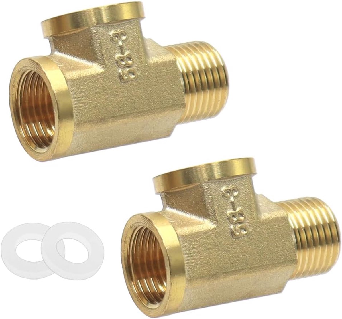 2 x T-stuk messing 1/2 inch buis T-stuk AG×IG x IG 3-weg connector met 2 x afdichting buisschroefverbindingen voor koud- en warmwatervoorzieningssysteem