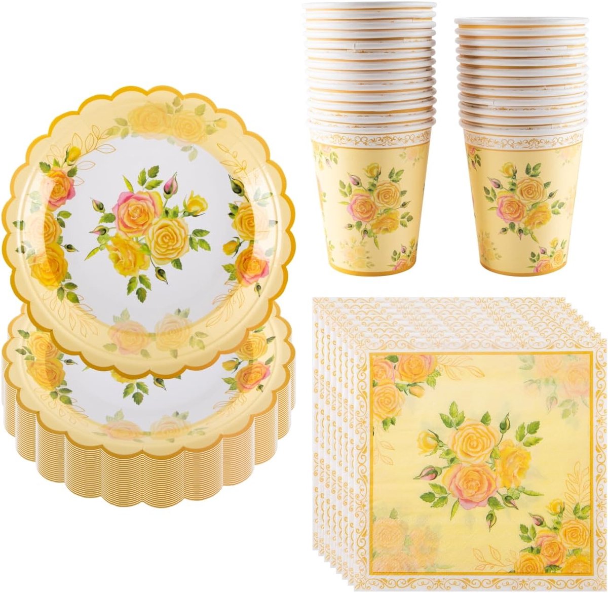 100 stuks elegante gele vintage papieren borden, kopjes en servetten