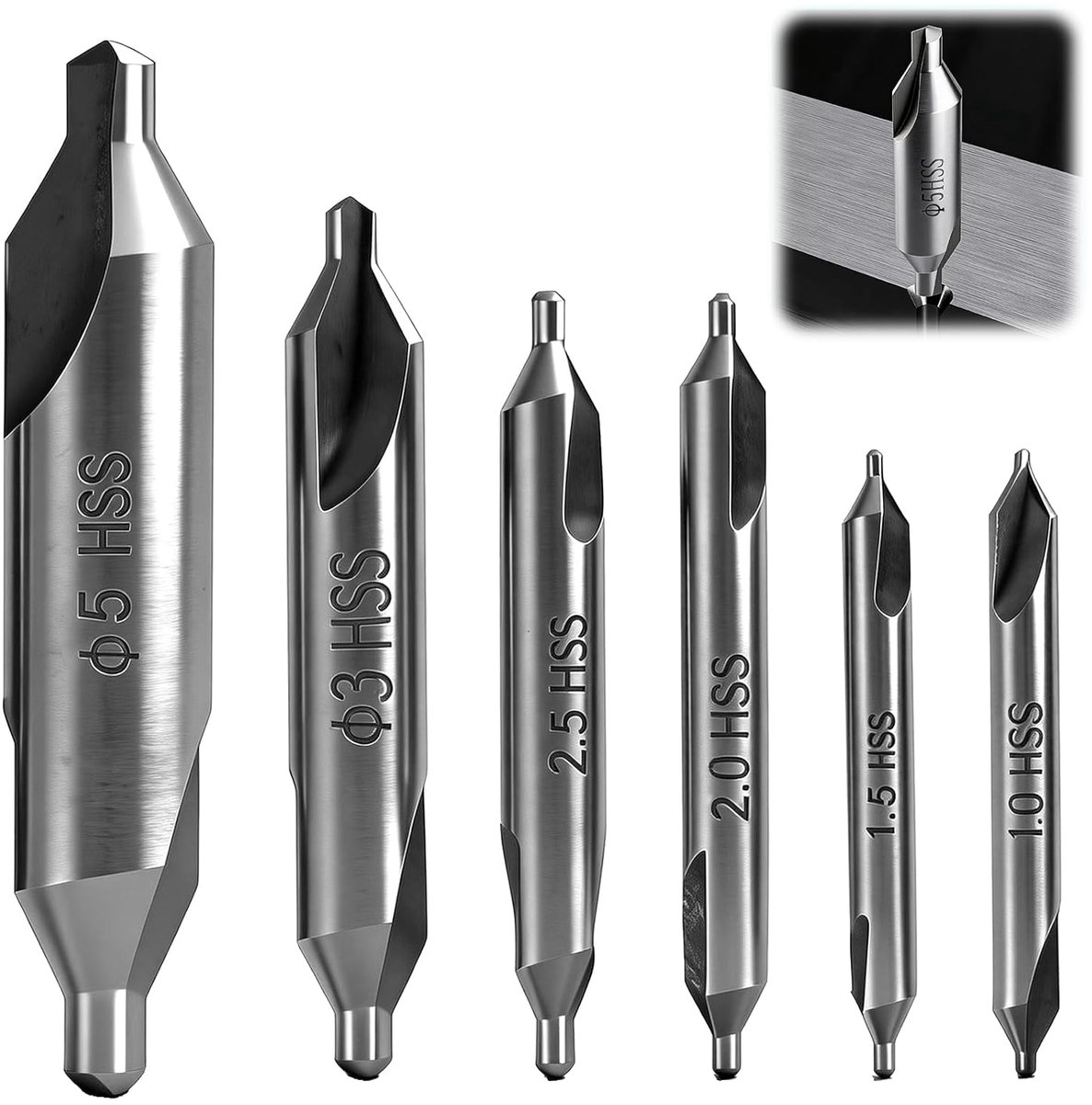 6-delige HSS centreerboor metalen set, 60 graden verzonken boor voor draaibankaccessoires (1,0/1,5/2,0/2,5/3,0/5,0 mm), hardheid HRC35-40