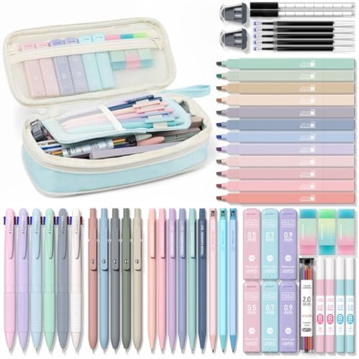 PromoHome 56-delig Schoolbenodigdhedenpakket met Etui, 6 Kleurpennen, 12 Pastel Highlighters, 5 Gelpennen, 9 Mechanische Potloden