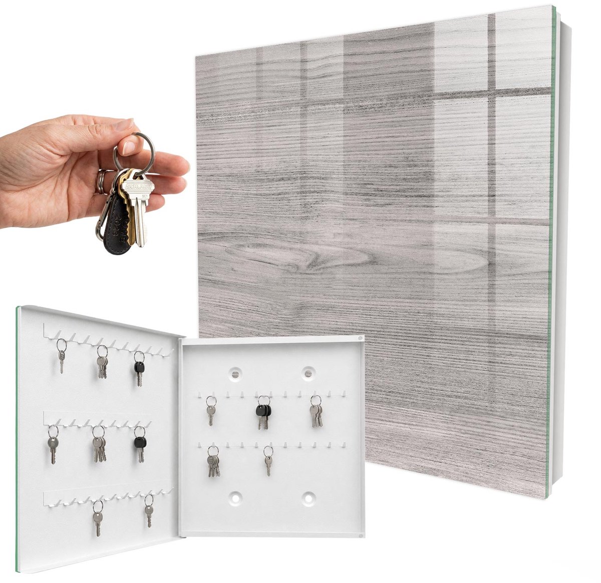 WallMuralia - Sleutelkast - 30x30x5 cm - met 50 haken - Grijs Hout Sleutelkastje - Grijs Sleutelbox - Linksopenend - Wit interieur