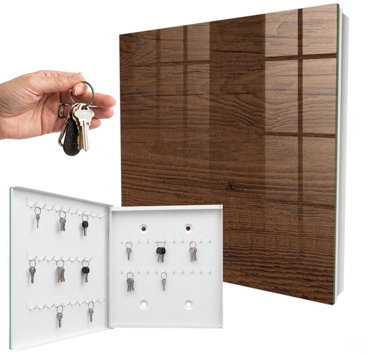 WallMuralia - Sleutelkast - 30x30x5 cm - met 50 haken - Houtstructuur Sleutelkastje Binnen - Bruin Sleutelbox - Linksopenend - Wit interieur