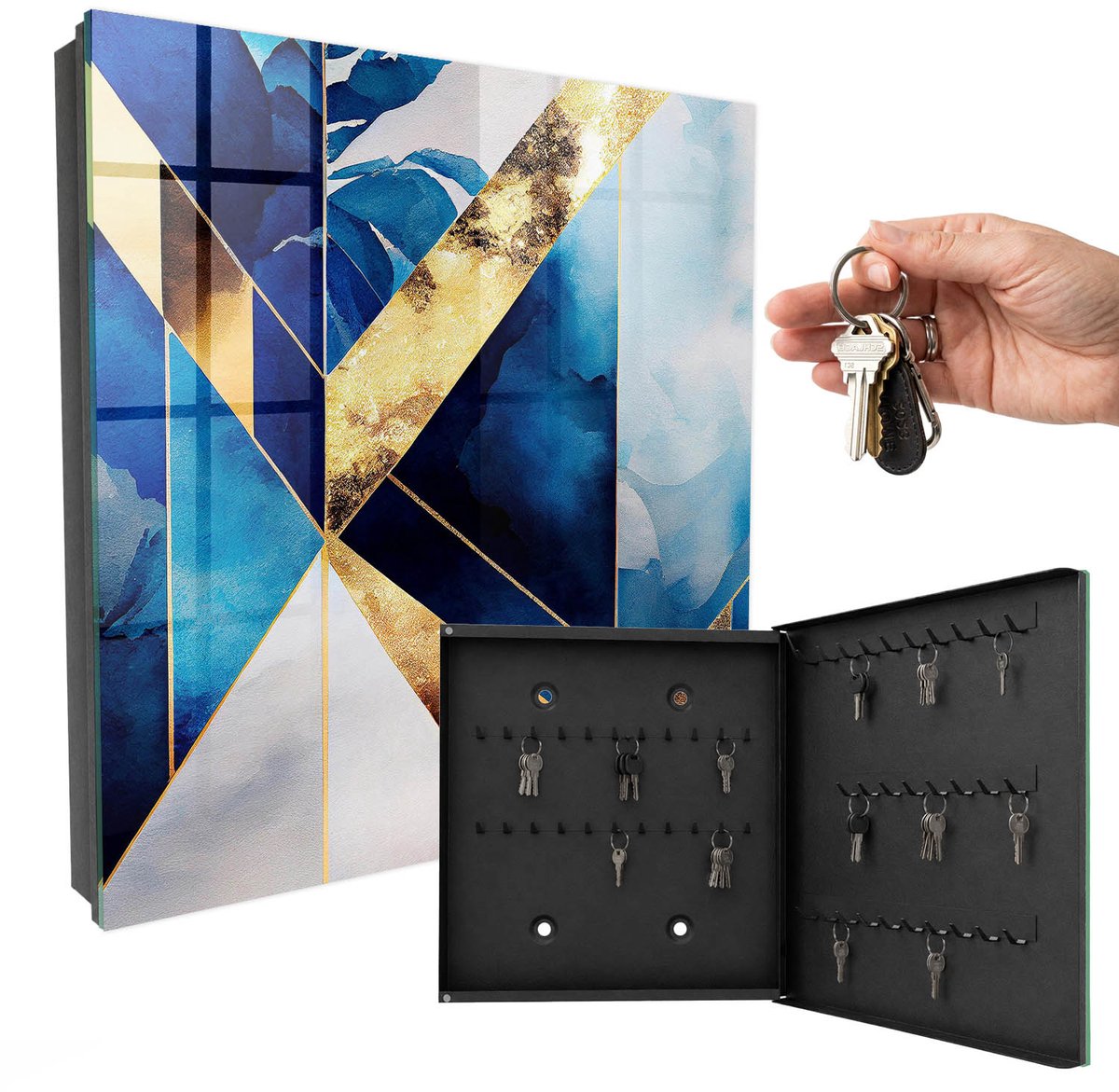 WallMuralia - Sleutelkast - 30x30x5 cm - met 50 haken - Blauwe Elegantie Sleutelkastje Muur - Blauw Sleutelbox - Rechtsopenend - Zwart interieur
