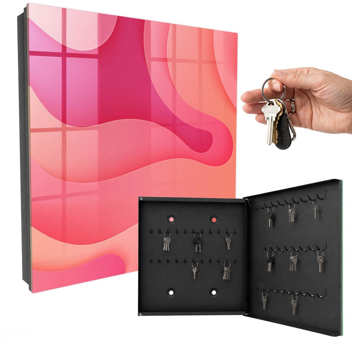 WallMuralia - Sleutelkast - 30x30x5 cm - met 50 haken - Golfenergie Sleutelkastje Gang - Roze Sleutelbox - Rechtsopenend - Zwart interieur