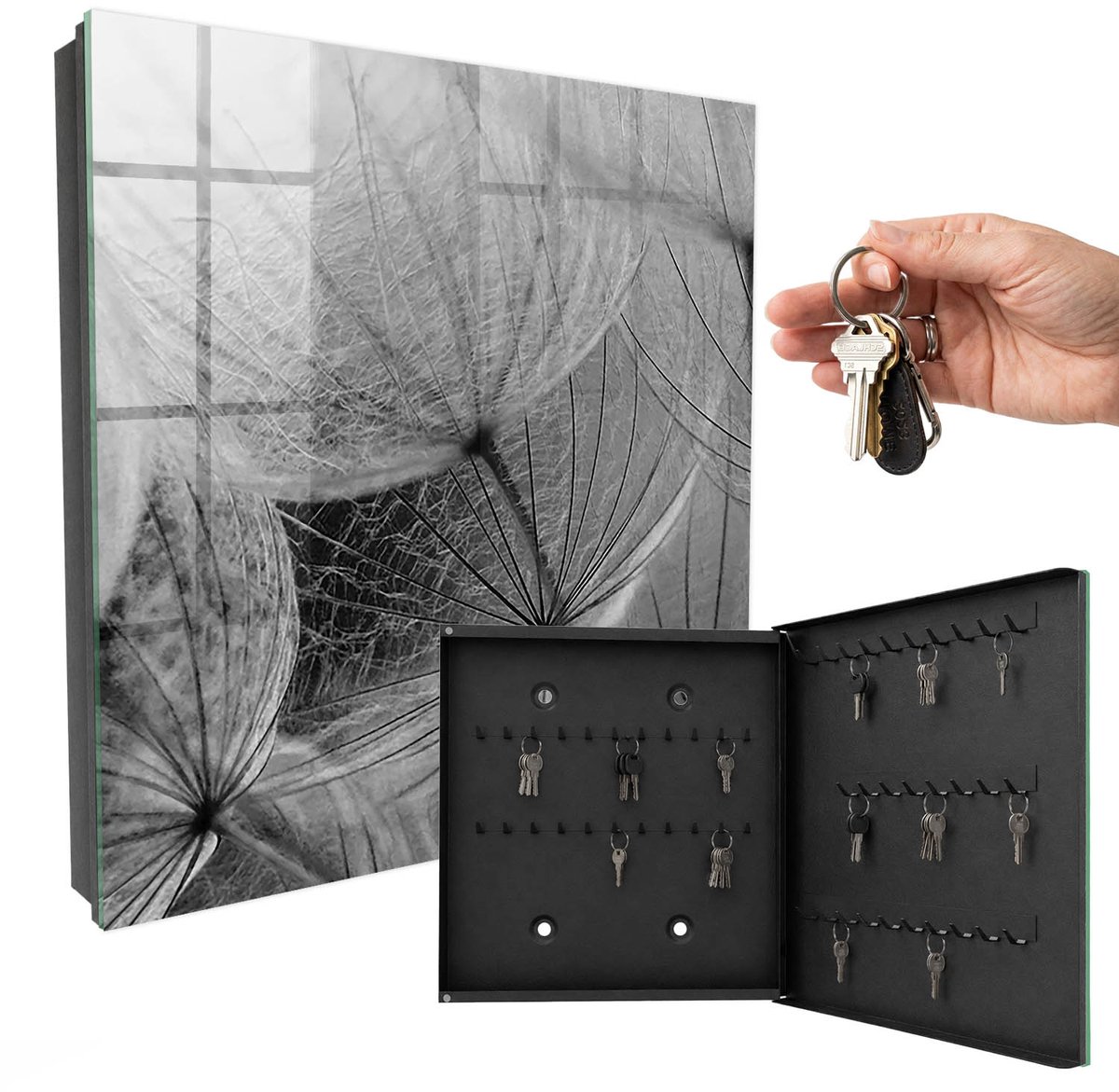 WallMuralia - Sleutelkast - 30x30x5 cm - met 50 haken - Paardenbloemzaden Sleutelkastje Binnen - Grijs Sleutelbox - Rechtsopenend - Zwart interieur