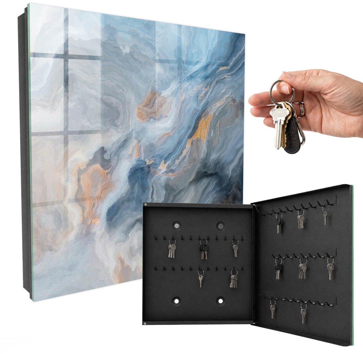 WallMuralia - Sleutelkast - 30x30x5 cm - met 50 haken - Dromerige Abstractie Leuk Sleutelkastje - Grijs Sleutelbox - Rechtsopenend - Zwart interieur