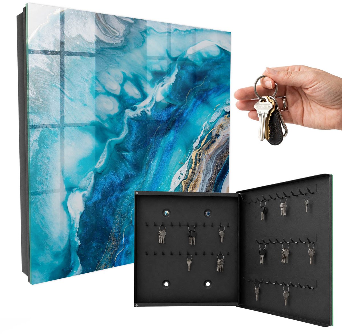WallMuralia - Sleutelkast - 30x30x5 cm - met 50 haken - Turkooizen Patronen Sleutelkastje - Turkoois Sleutelbox - Rechtsopenend - Zwart interieur