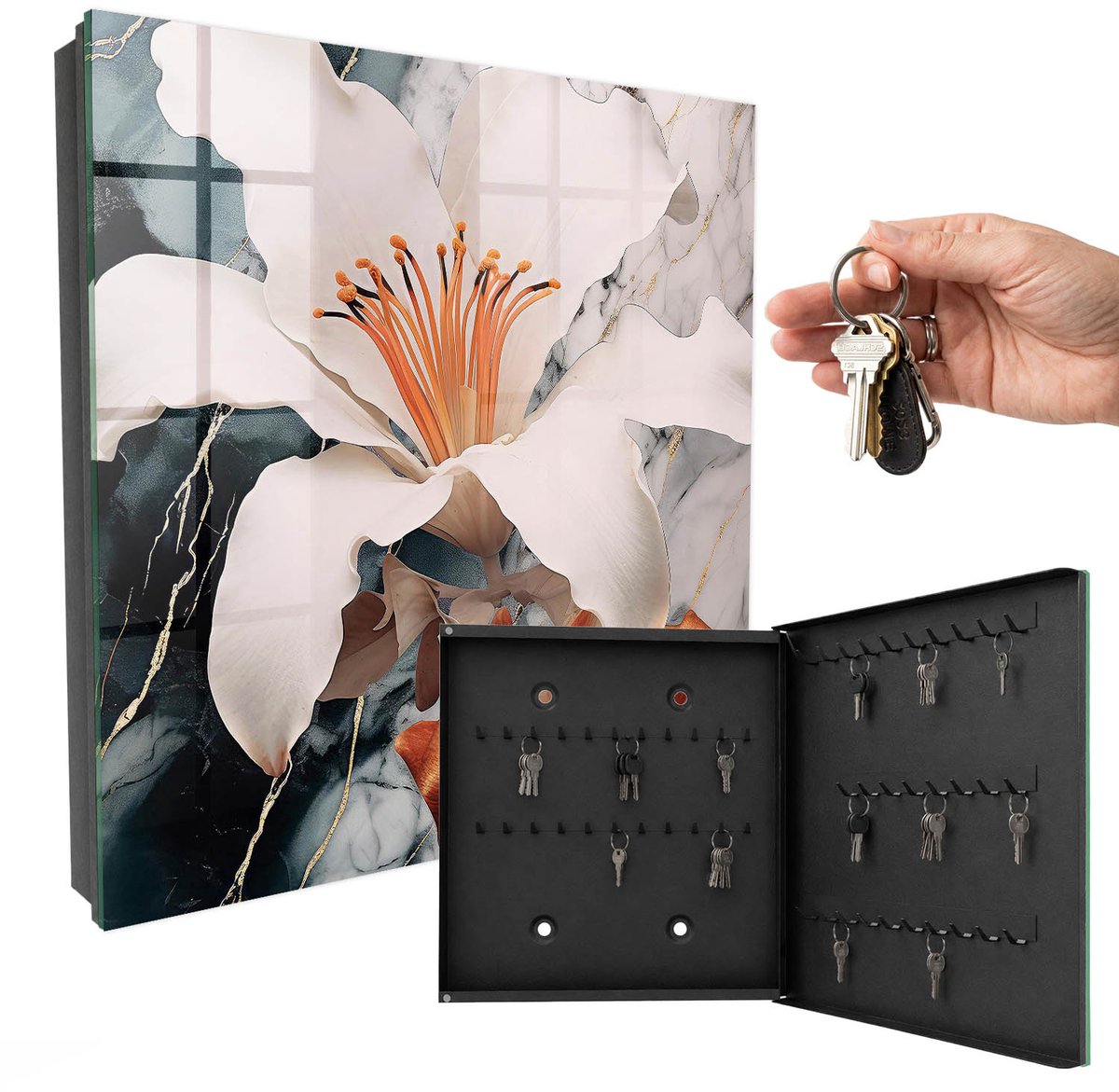 WallMuralia - Sleutelkast - 30x30x5 cm - met 50 haken - Bloemige Elegantie Sleutelkastje Modern - Wit Sleutelbox - Rechtsopenend - Zwart interieur