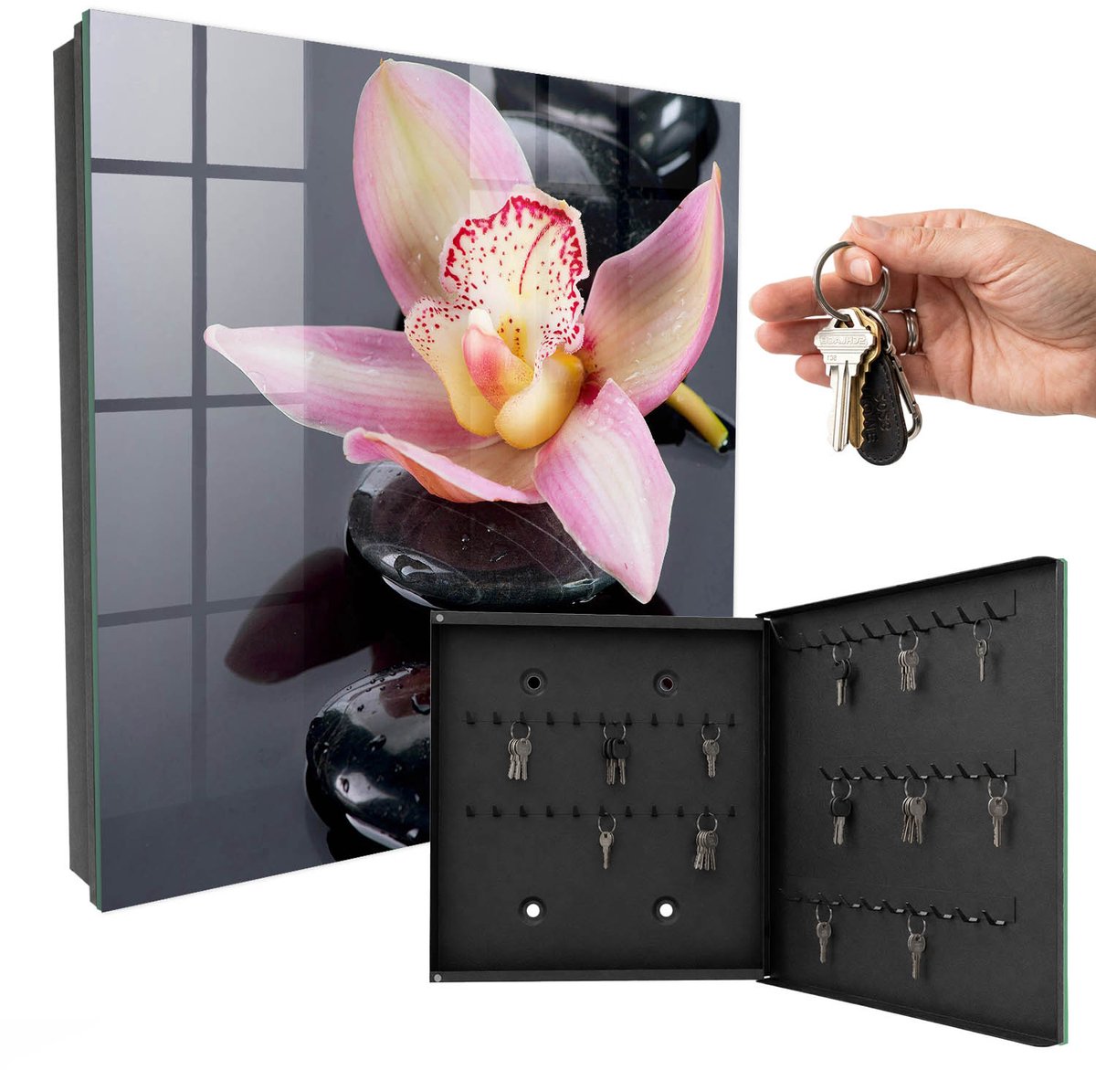WallMuralia - Sleutelkast - 30x30x5 cm - met 50 haken - Orchideeënstenen Sleutelkastje Industrieel - Zwart Sleutelbox - Rechtsopenend - Zwart interieur