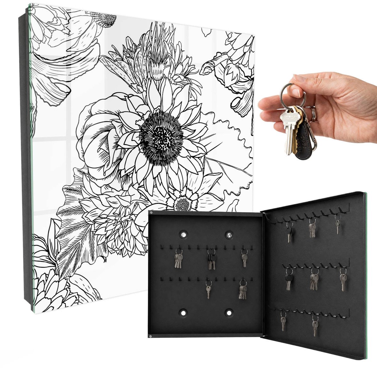 WallMuralia - Sleutelkast - 30x30x5 cm - met 50 haken - Zwart-Witte Bloemen Sleutelkastje Design - Zwart-Wit Sleutelbox - Rechtsopenend - Zwart interieur