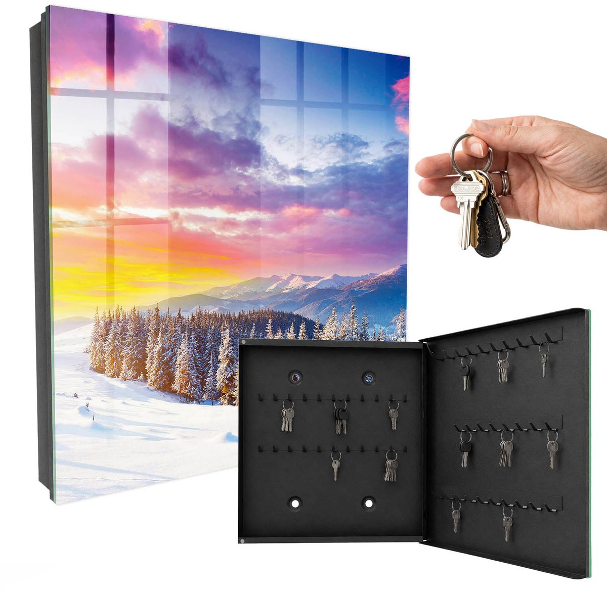 WallMuralia - Sleutelkast - 30x30x5 cm - met 50 haken - Winterse Zonsondergang Sleutelkastje Industrieel - Paars Sleutelbox - Rechtsopenend - Zwart interieur