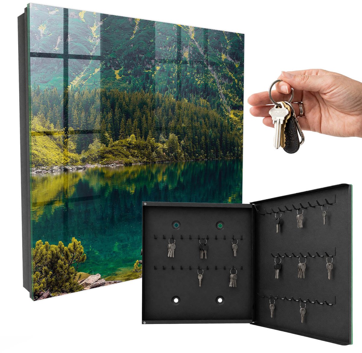 WallMuralia - Sleutelkast - 30x30x5 cm - met 50 haken - Idylle In De Bergen Sleutelkastje Modern - Groente Sleutelbox - Rechtsopenend - Zwart interieur