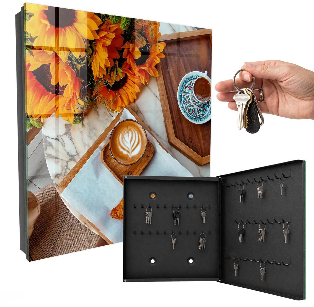 WallMuralia - Sleutelkast - 30x30x5 cm - met 50 haken - Ochtendmomenten Leuk Sleutelkastje - Oranje Sleutelbox - Rechtsopenend - Zwart interieur