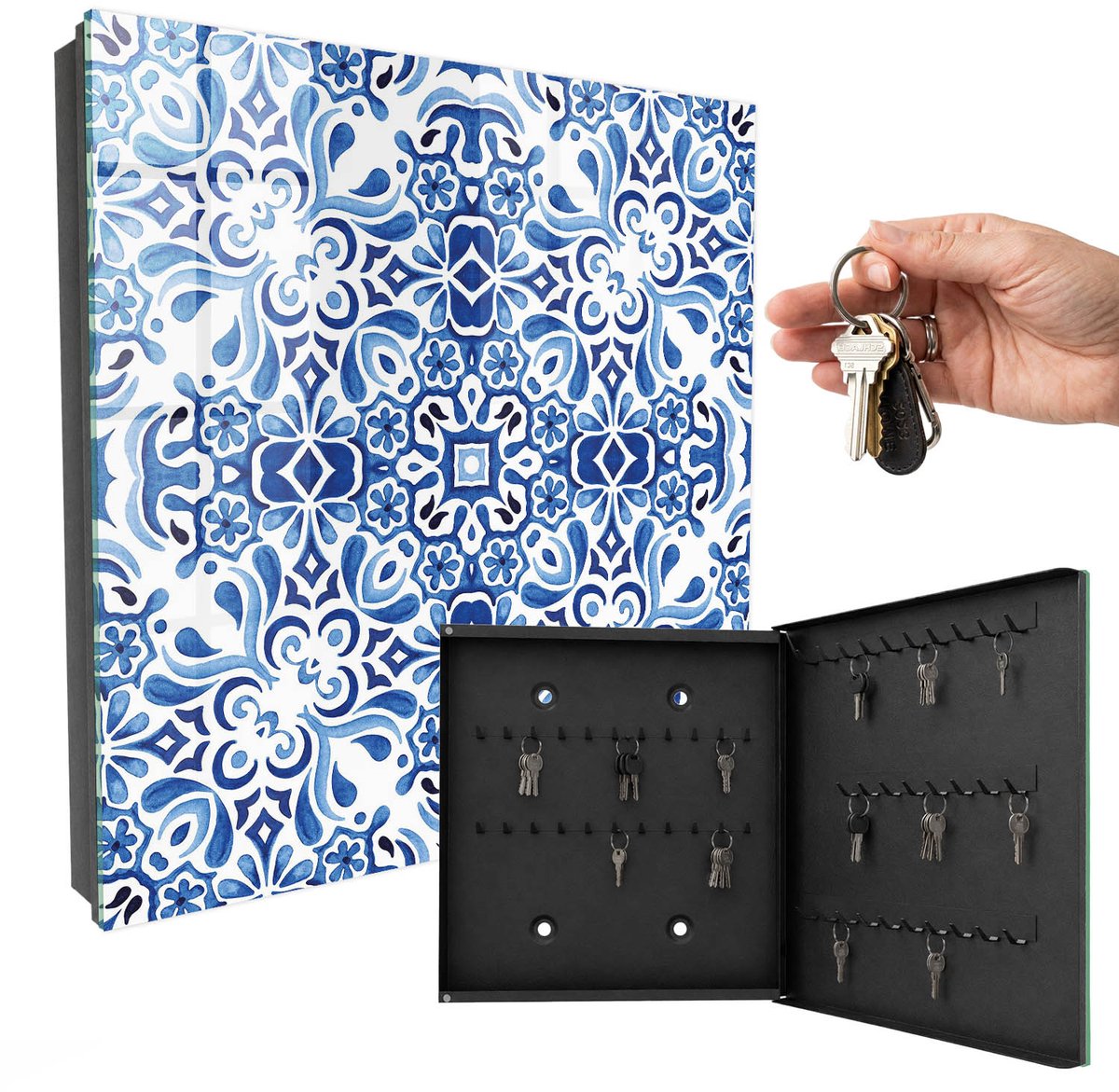 WallMuralia - Sleutelkast - 30x30x5 cm - met 50 haken - Tegelornamenten Sleutelkastje - Blauw Sleutelbox - Rechtsopenend - Zwart interieur
