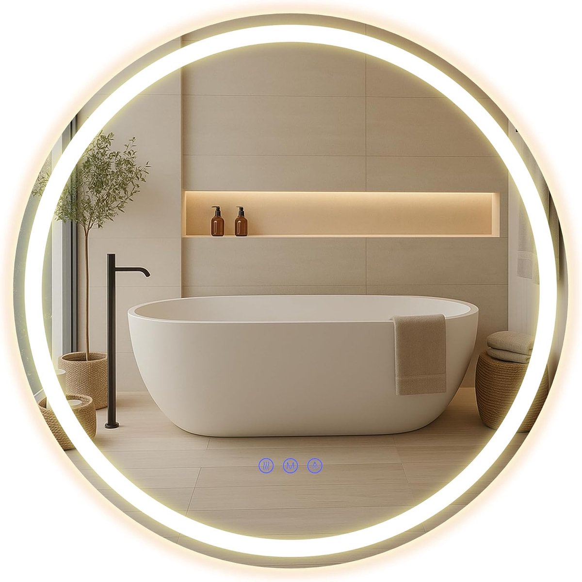 SONGMICS Badkamerspiegel met verlichting, ronde spiegel, wandspiegel, badkamerspiegel, anti-condens-functie, kleurtemperatuur en helderheid instelbaar, badkamer slaapkamer, 61 cm, wolkenwit