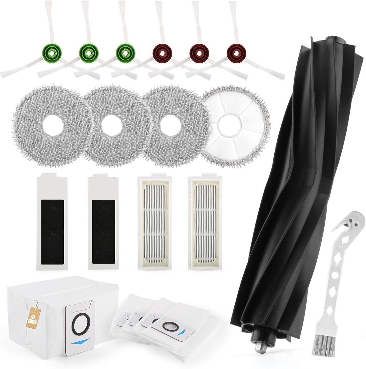 20-Stuks Accessoireset voor de Ecovacs Deebot T20 OMNI/T20e OMNI/T20 Max/T20 Pro Robotstofzuiger met 1 Rubberen Rolborstel, 6 Zijborstels, 4 Dweildoeken, 4 Filters, 4 Stofzakken
