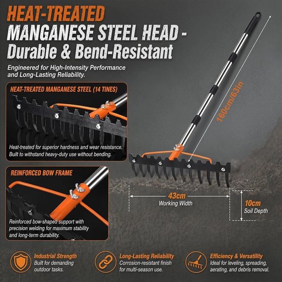 Robuuste metalen tuinhark van 1,6 m met 17 stalen tanden voor het losmaken van grond, gazonhark en bladeren verwijderen — afbeelding 2