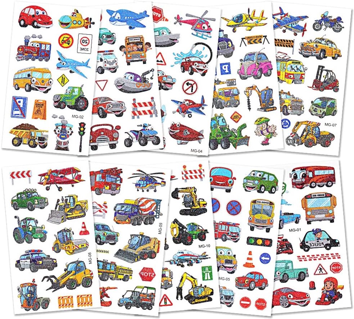 Glitter Tattoo-Set Kinderen, 10 Vellen Verkeer Glittertattoos Meisjes, Waterdichte Kindertattoo Stickers Jongen, Tijdelijke Kindertattoos Voor Feestdecoratie Geschenken Feestartikelen
