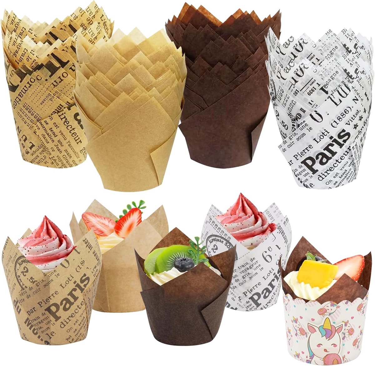 papier, 100 stuks muffins papieren vormpjes, cupcake-vormpjes, cupcake-vormpjes, tulp, bakvormpjes, papier, eenhoorn, taartvormpjes voor bruiloft, kinderen, verjaardag, feest