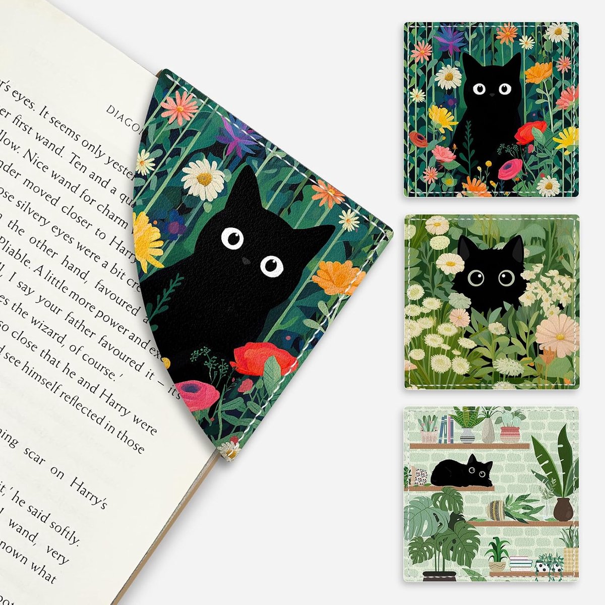 zwarte kat bloemen hoek bookmark, grappige lederen boek accessoires voor boekenliefhebbers, 3 stuks lezing boek pagina marker voor vrouwen mannen student leraar meisjes jongen pensioen verjaarda