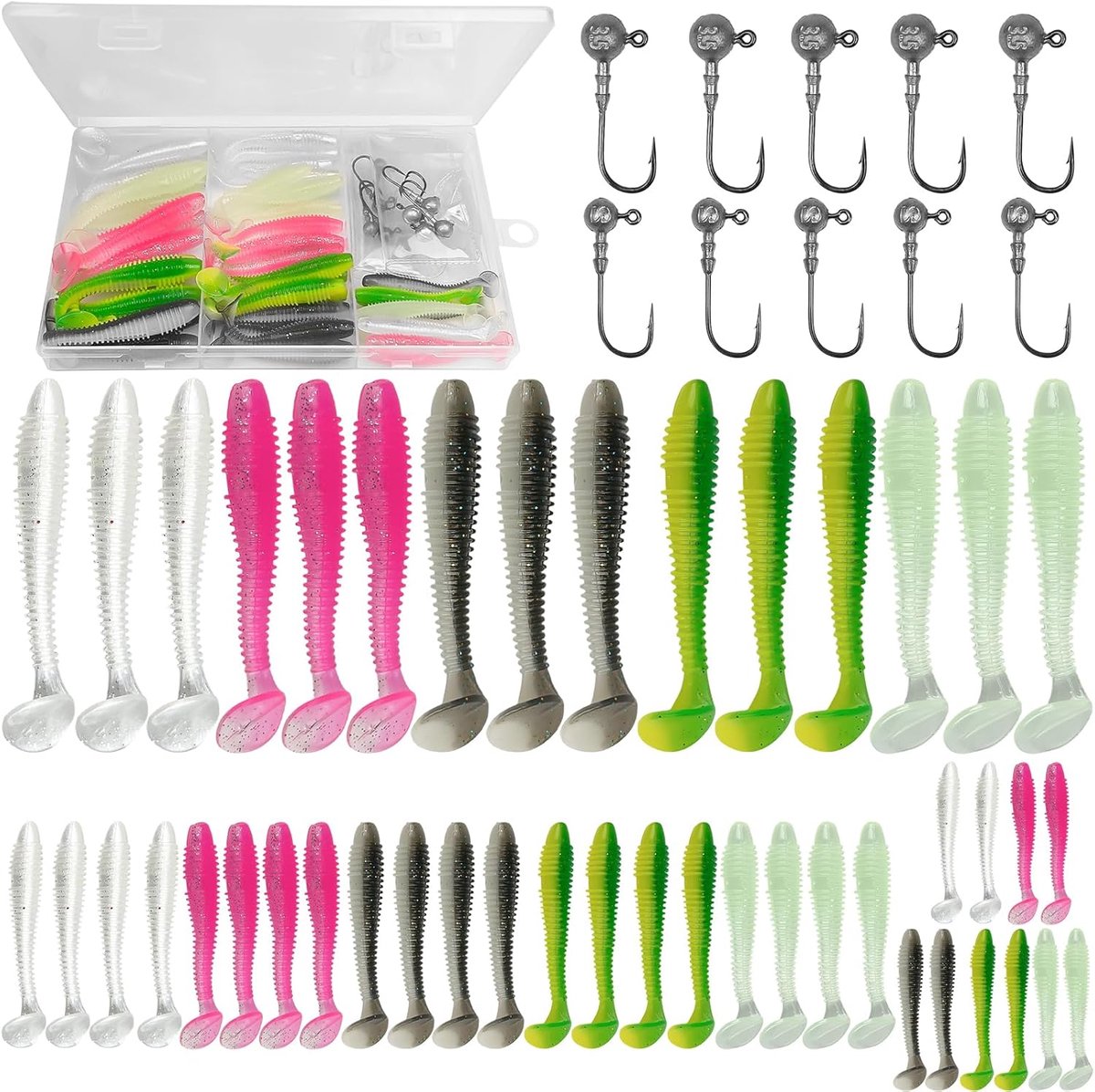 45 stuks zacht visaas en 10 stuks driehoekige jigkoppen voor spinvissen, 5,5 cm + 6,5 cm + 7,5 cm visaas, zwemaas, rubberen visaas met jigkop en kunststof doos, 5 kleuren