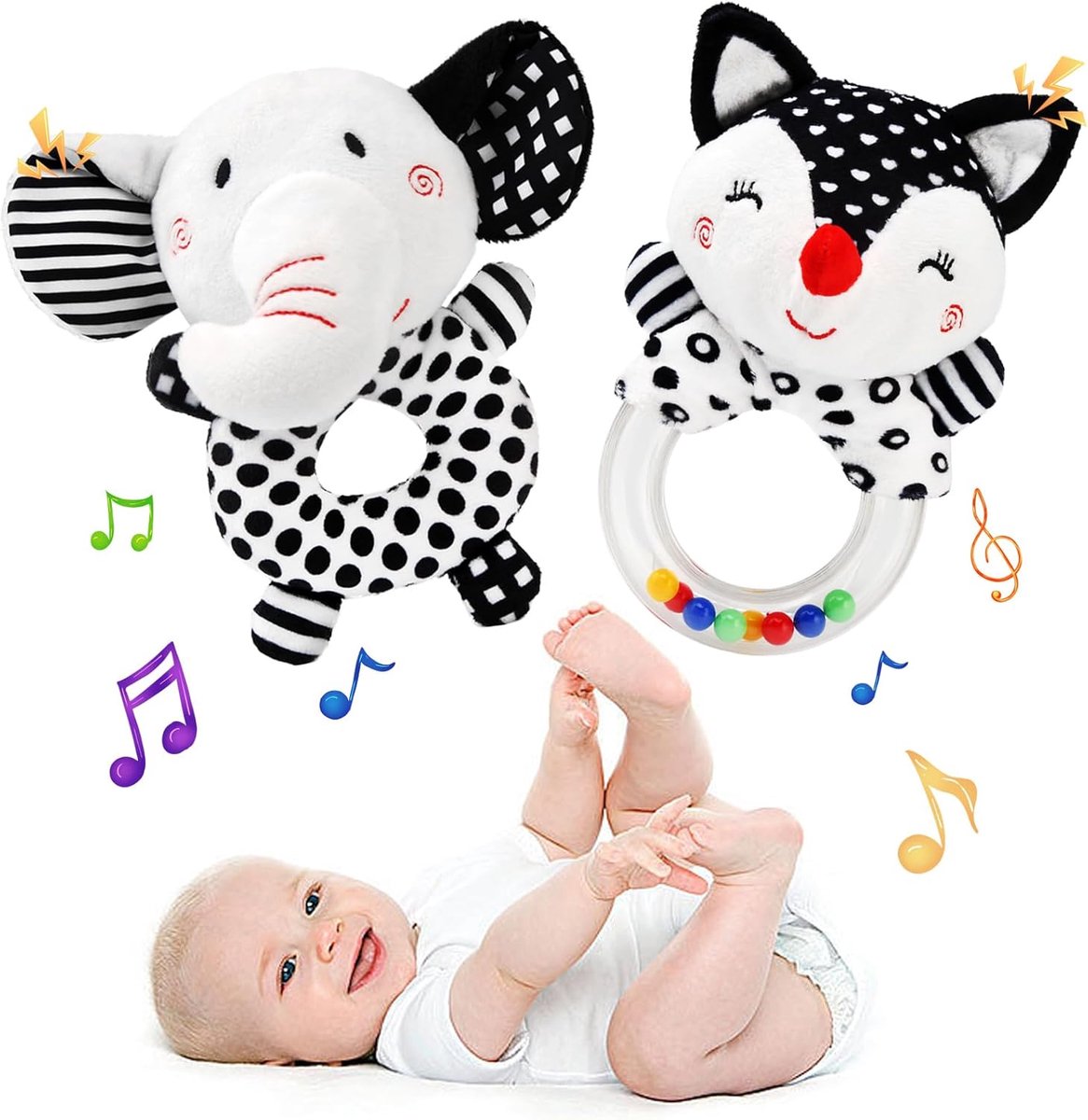 Zachte babyrammelaars 0-6 maanden, 2-pack pluche dierenrammelaarspeelgoed voor baby's van 0-6 maanden, pasgeboren zwart-wit zintuiglijk speelgoed Cadeau voor 0 3 6 12 maanden babycadeau