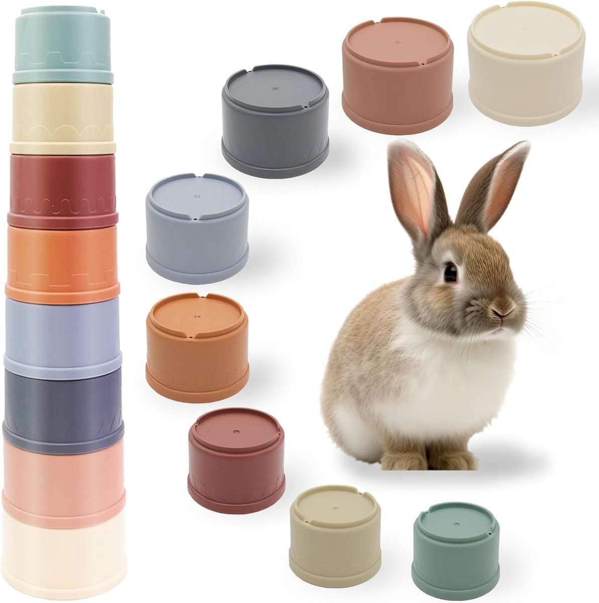 Set van 8 Stapelkoppels voor Konijnen, Kleurige Speelgoed voor Kleine Dieren, Voederdispenser en Nest Speelgoed