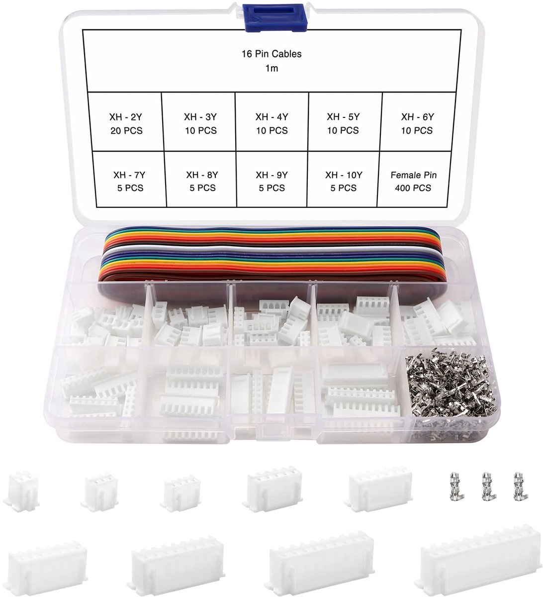 481 Stuks 2/3/4/5/6/7/8/9/10-Pins 2.54mm JST-Connectorkit, JST-XH Vrouwelijke Connector, met 1m 16 Pins 22AWG Regenboogkleurige Lintkabel