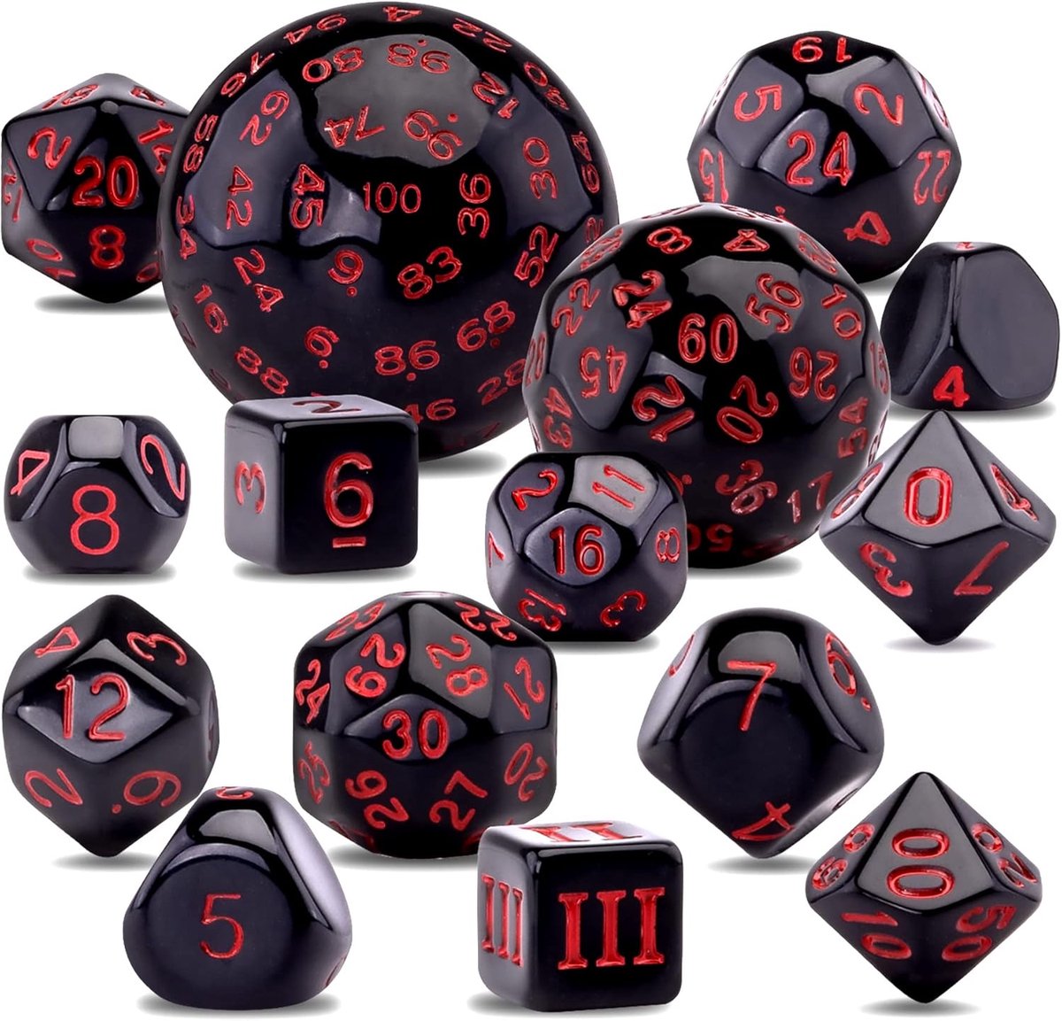 15 stuks complete polyhedrale dobbelstenen set D3-D100 game dobbelstenen set met een lederen opbergtas met trekkoord voor rollenspeltafelspelen, zwart en rood