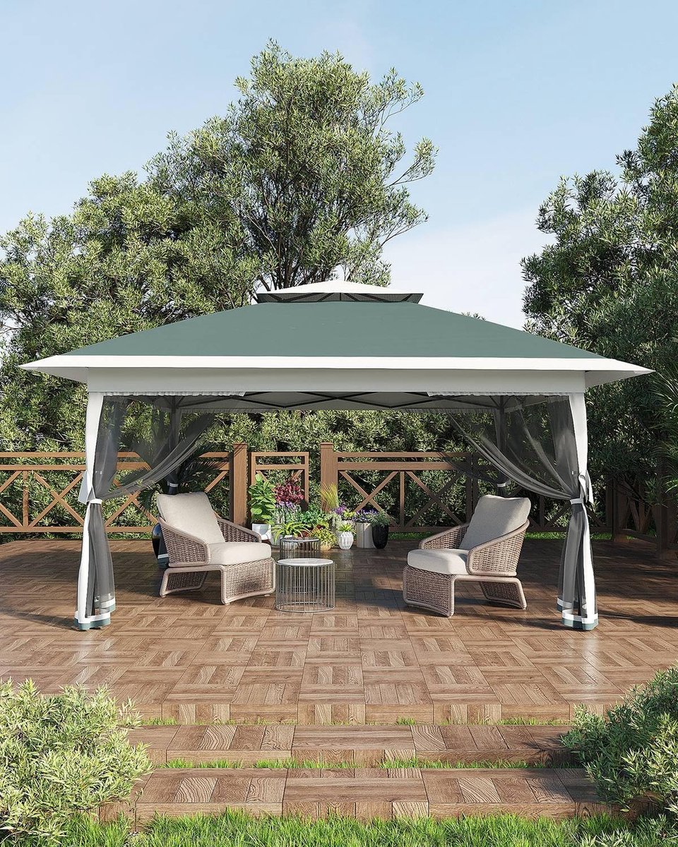 Paviljoen 3.6 x 3.6 m - Partytent met Dubbel Dak voor Ventilatie - Inclusief Gordijnen en Muggennet - UV-bestendig (UPF 50+) - Voor Tuin, Terras en Camping - Donkergroen