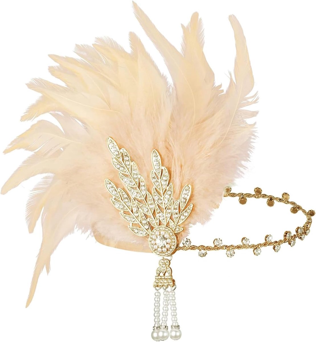 Hoofdband voor dames, jaren 20, bladstras, met veer, haarband, kostuumaccessoires, jaren 20-stijl, flapper, dames, carnaval, feestaccessoires, kostuumaccessoires