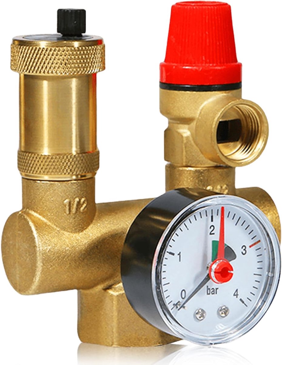 DN25, lagedrukregelaar met manometer, messing lekvrij veiligheidsventiel voor veiligheidsgroep, lekvrij veiligheidssysteem voor verwarmingssystemen (16 PN)