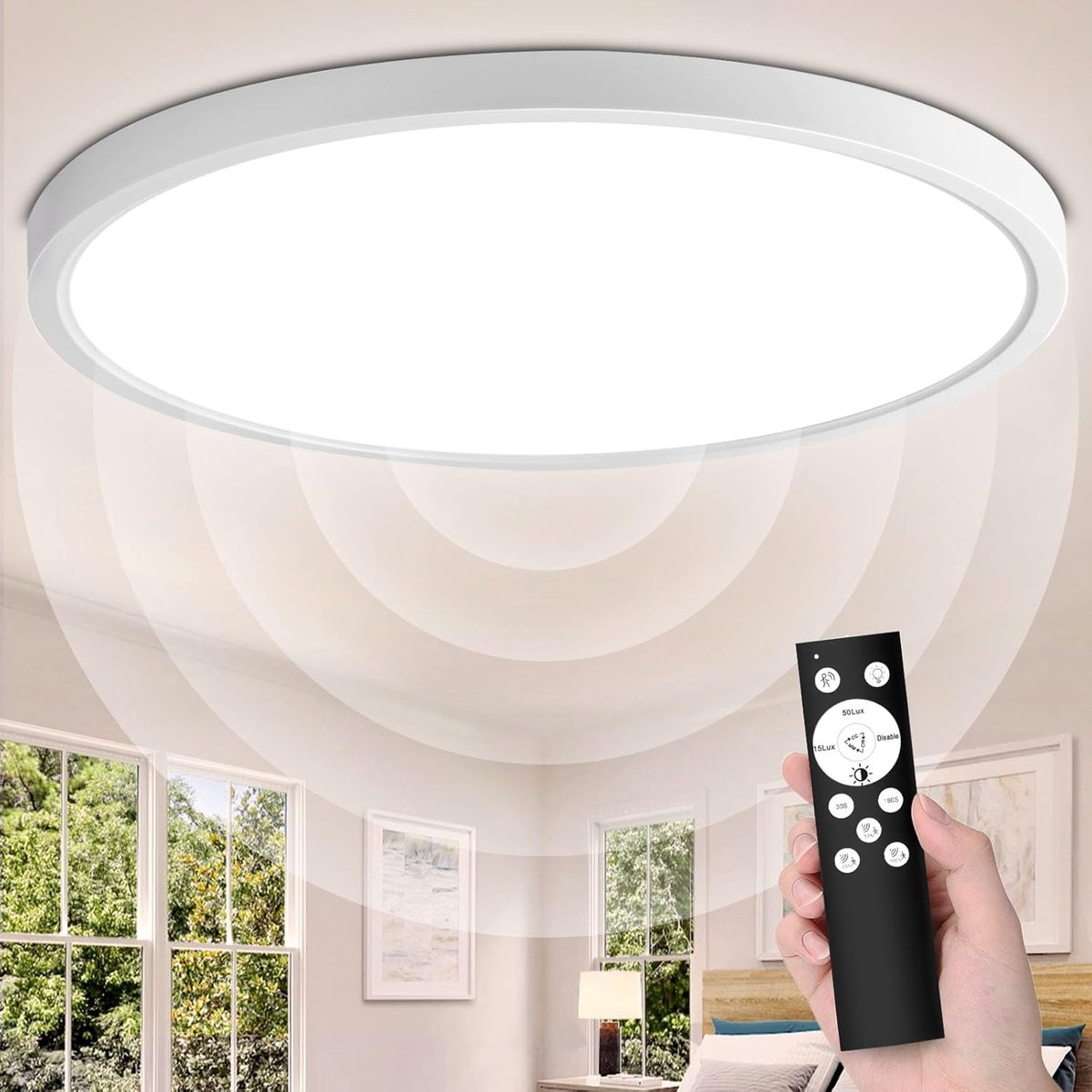 LED Plafondlamp met Bewegingsmelder Voor Binnen 28W 2800LM,3000K/4000K/6000K Dimbare Plafondlamp Plat met Afstandsbediening, IP54 Sensorlamp met Lichtsensor Voor Badkamer kelder trap 30cm