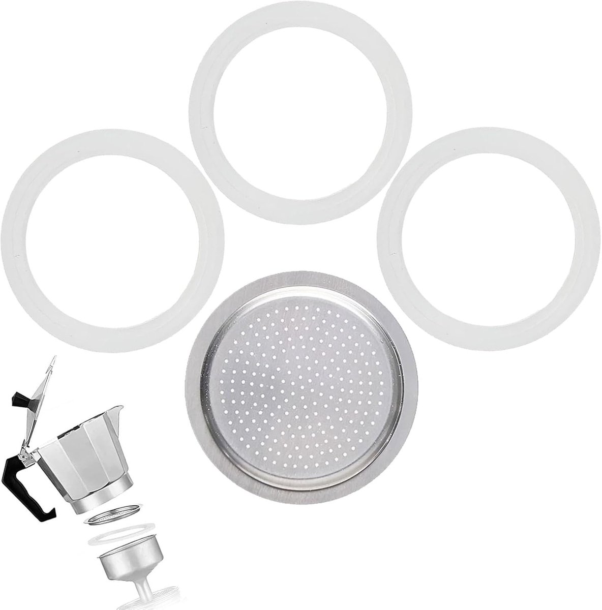 espressomachine 6 kopjes, 3 siliconen afdichtingen voor espressomachine en 1 aluminium zeefinzetstuk, afdichtringen voor koffiezetapparaten
