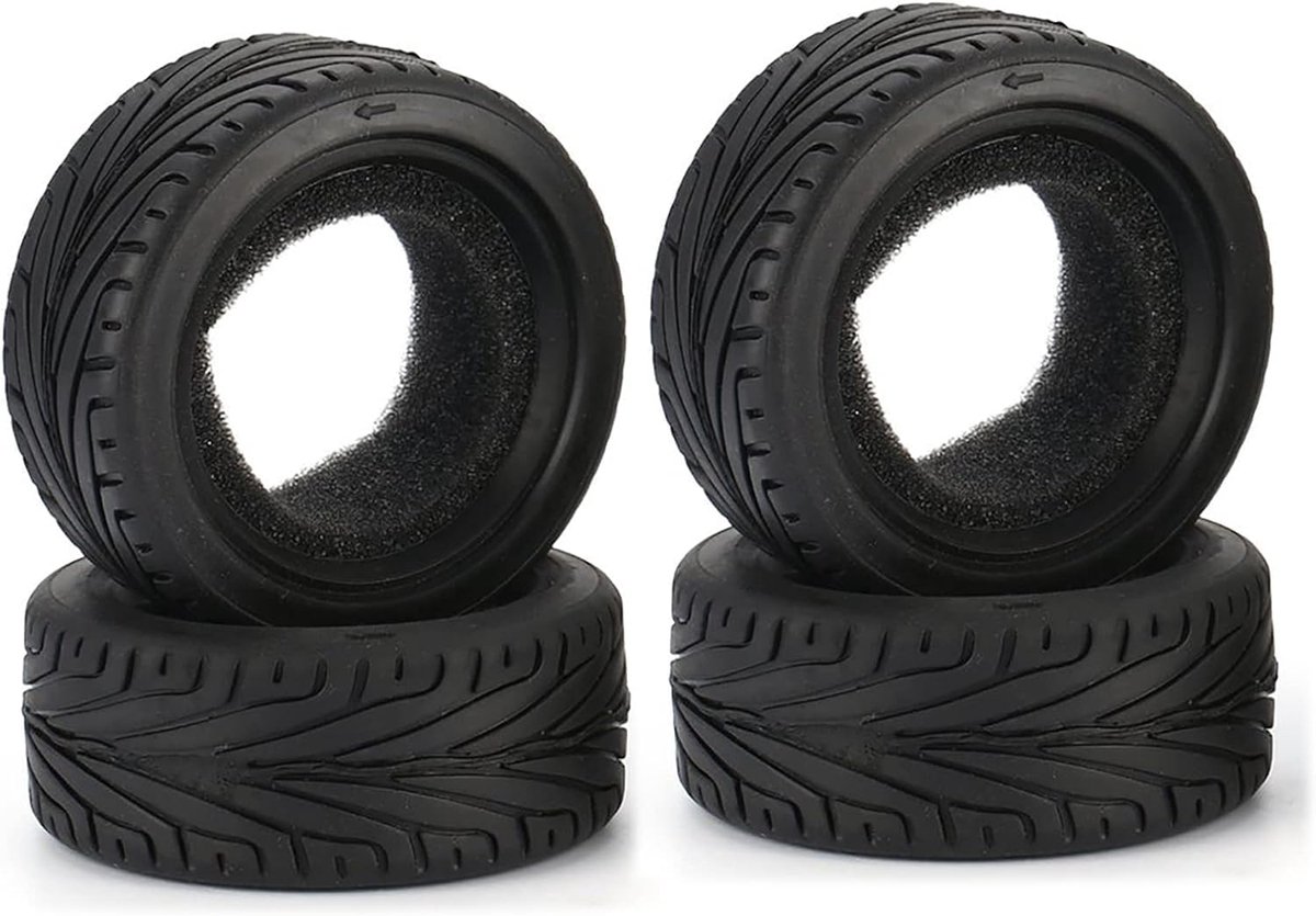 Wielen set, KINGCOO 4 stuks 65mm rubberen banden met kunststof coating, wielen met 12mm zeskant voor 1/10 RC on-road run-flating touring raceauto (zilver)