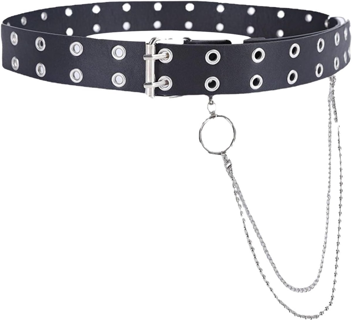 Punkriem met broekketting, dubbel gat, klinknagelriem, broekketting met afneembare gothic riem voor jurk, kleding, broek, jeans voor vrouwen en mannen, zwart, Eén maat