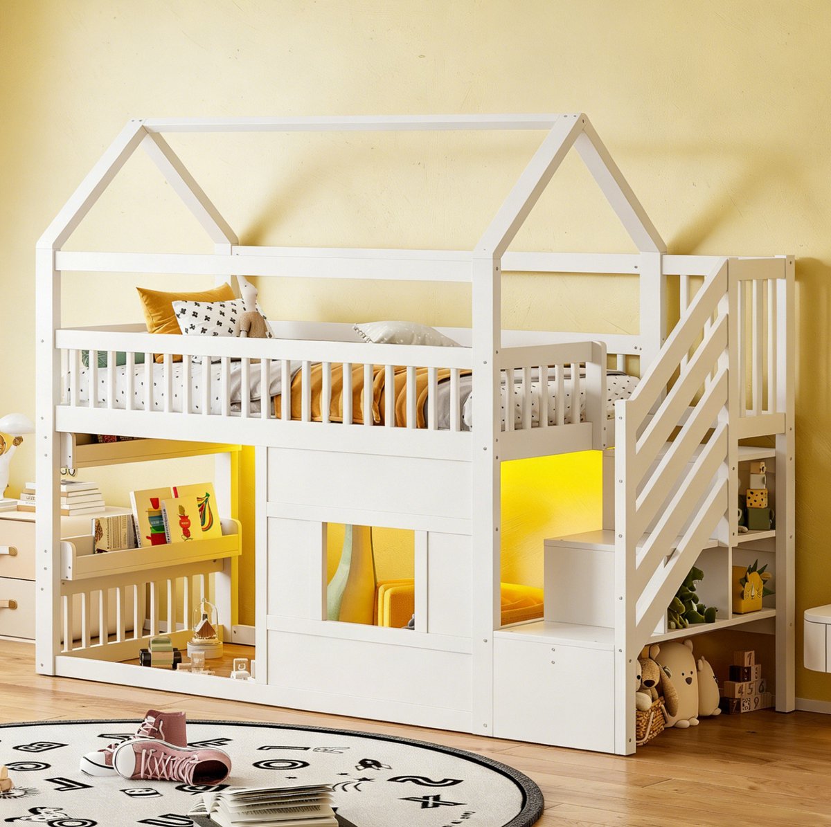 MIVRAY Hoogslaper 90x200 cm - Huisbed Met Trap En Opbergruimte - Met Ledverlichting - Voor Kinderen - Hout En Mdf - Wit