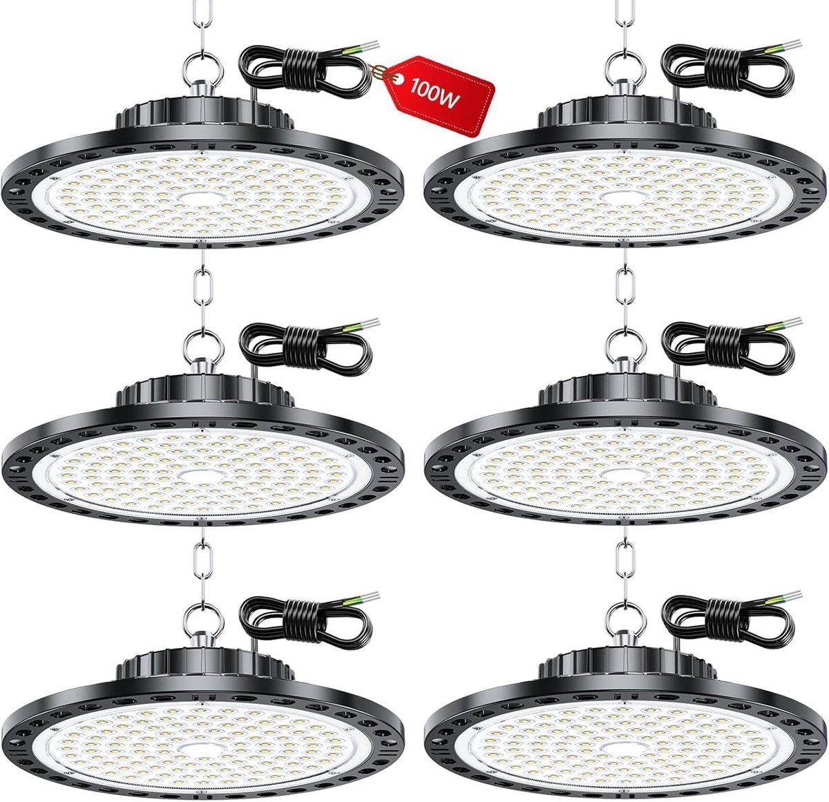 Plafondspots, 6 stuks, 100 W, 10000 lm, industriële plafondlamp met led-transformator, IP65-waterdicht, 6500K, koelwitte garageverlichting voor garage, fabriek, werkplaats, schuur