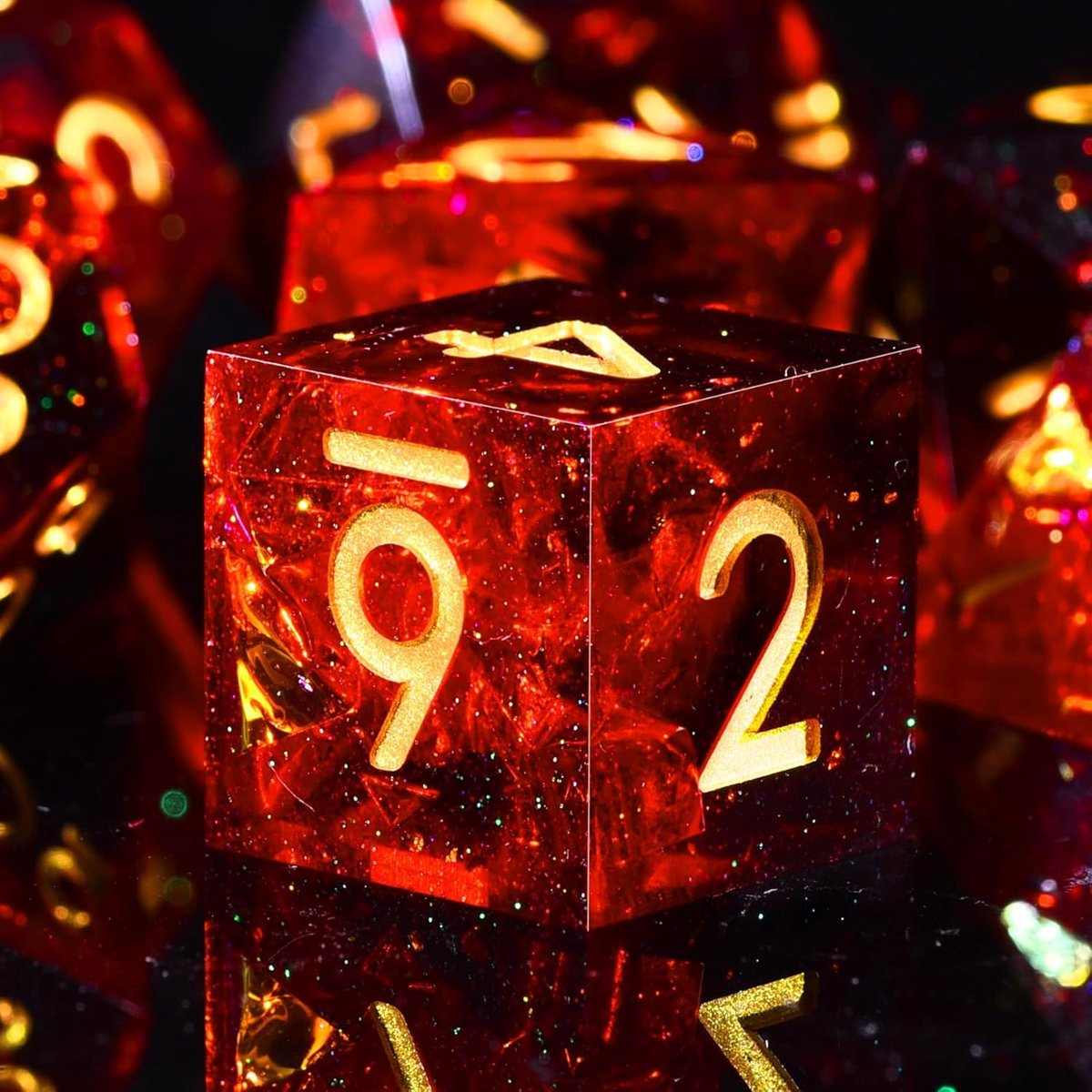 Polyhedral DND dobbelstenen, set van 7 stuks, D4, D6, D8, D10, D12, D20, D% voor DND, RPG, MTG, Dungeon en Dragons, rode vlam