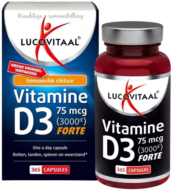 Lucovitaal Vitamine D3 Forte 75 mcg, 365 capsules verpakking en potje. Met rode figuur en tekst.