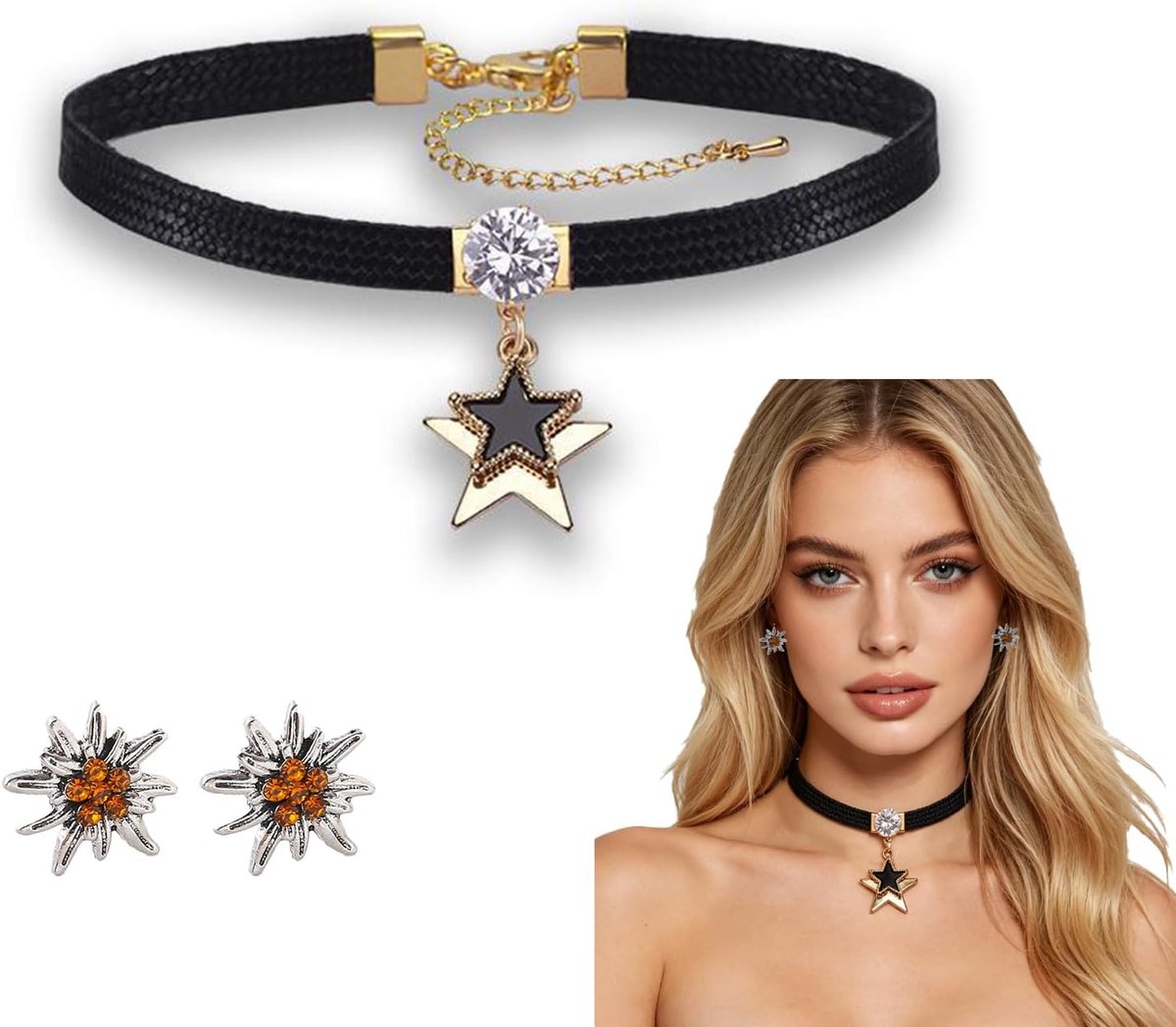 1 stuks Oktoberfest-decoratie voor dames, sterhanger, halsketting met zirkonia, voor dagelijks gebruik en bierfeest, elegante chokerketting voor dames, 1 paar edelweiss-oorstekers