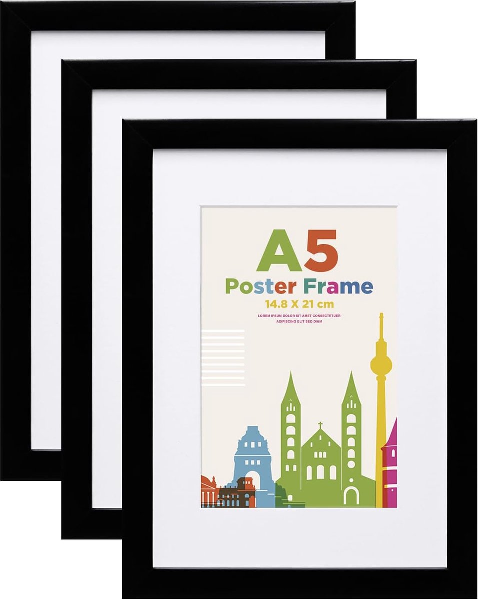 Fotolijst A5, houten lijst A5 met acrylglas, passe-partout voor foto's 10 x 15 cm, certificaatframe voor tafel- en wandmontage, 14,8 x 21 cm, posterlijst voor portret, thuis, kantoor, zwart, 3