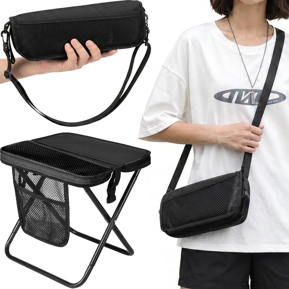 SnelShoppen - Opvouwbare Kruk 2-in-1, Inklapbare Kruk met Tas, Draagbare Voetenbank voor Camping, Outdoor, Reizen, Wandelen, Tuin, Vissen, Grillen, Wa