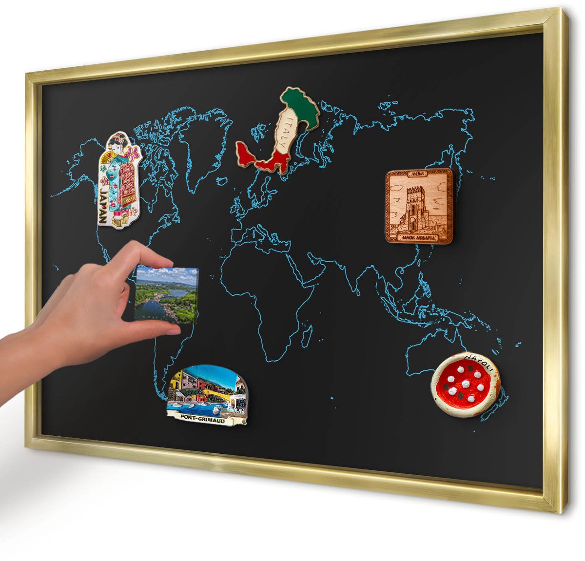 Artprintcave Zwart Magneetbord mit Gouden Frame - 60x40 cm - Wereldkaart Memobord Keuken - Minimalist Bord Voor Magneten - Kaarten