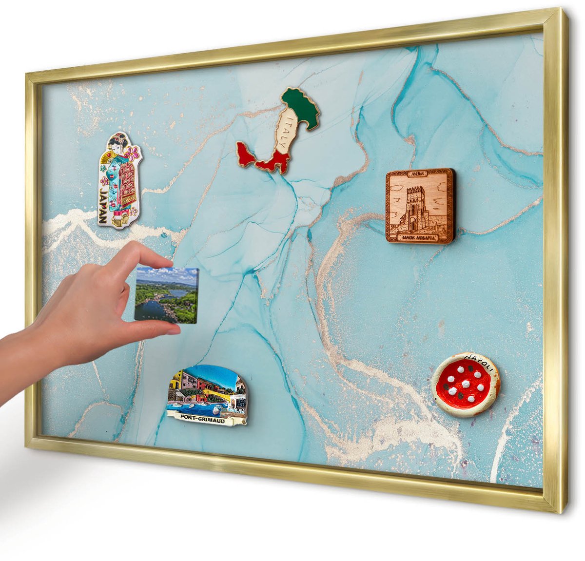 Artprintcave Turkoois Magneetbord mit Gouden Frame - 60x40 cm - Turquoise Elegantie Magneet Bord mit Frame - Abstract Bord Voor Magneten - Abstractie