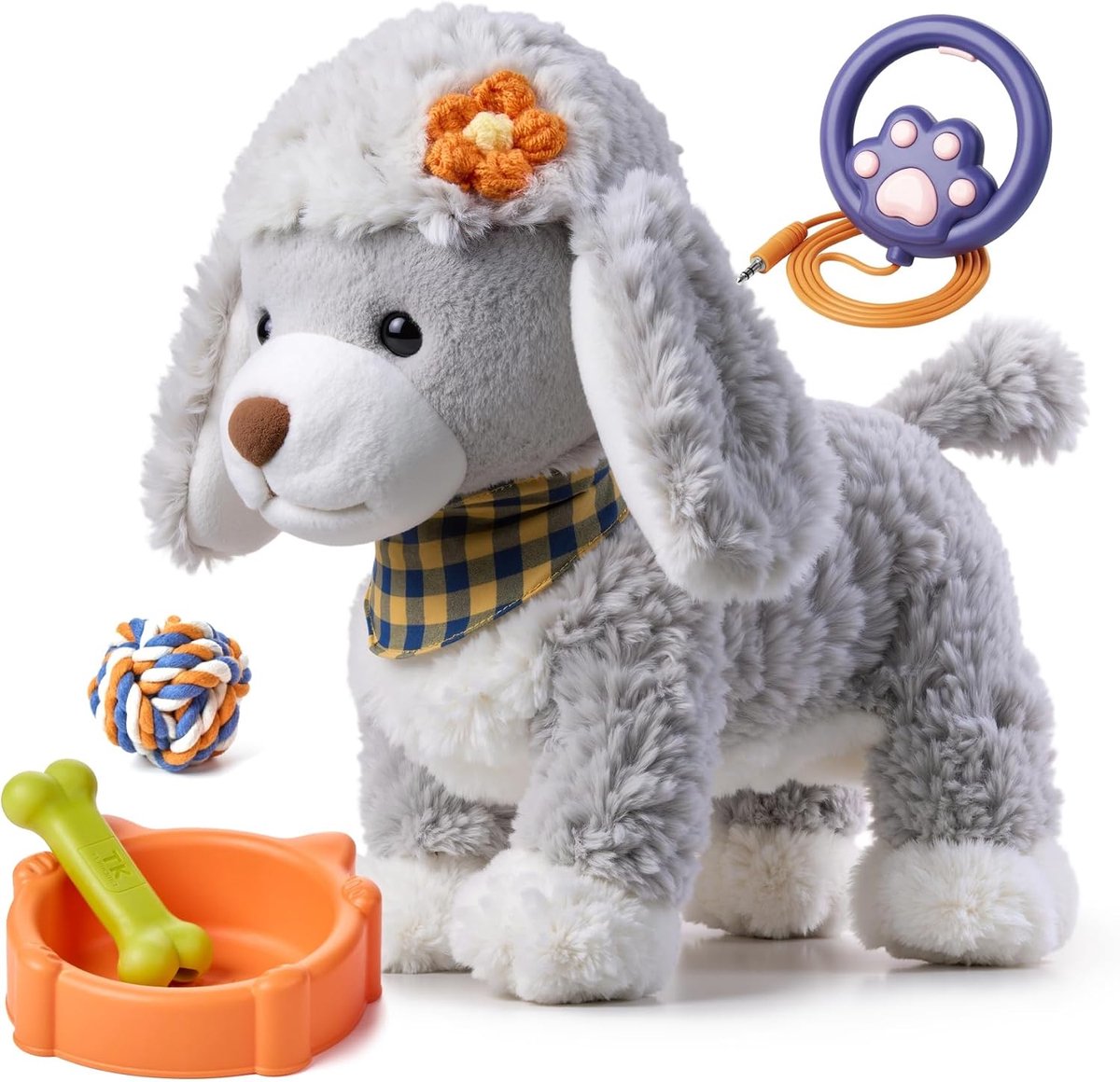 Knuffelspeeltje, Op afstand Bedienbaar Hondenspeeltje met Riem | Elektronisch knuffelspeeltje dat loopt, blaft en met zijn staart kwispelt, cadeau voor jongens en meisjes