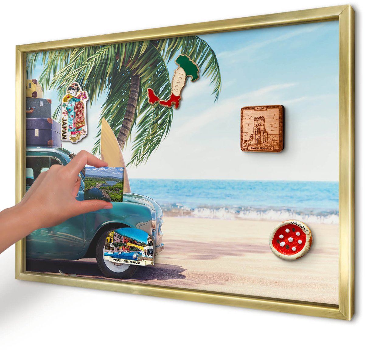 Artprintcave Blauw Magneetbord mit Gouden Frame - 60x40 cm - Vakantievrede Magnetisch Bord Voor Magneten - Fotografisch Memobord Keuken - Landschappen